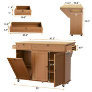 Isla móvil de 55 pulgadas con toma de corriente y mesa plegable, carrito de isla de cocina con ruedas y gabinete para almacenamiento de basura para cocina