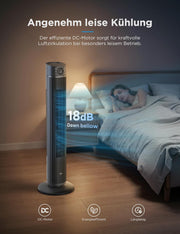 Ventilador de torre inteligente Midea FZ10-26ARDW silencioso con mando a distancia, 19 dB ultrasilencioso, motor CC, 4 modos y 12 niveles, temporizador de 24 h, control por aplicación para dormitorio, salón y oficina, negro, 105 cm