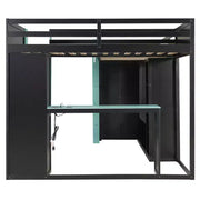 Litera tipo loft en forma de L para juegos con escritorios, litera doble con luces LED, puertos USB, estanterías de almacenamiento, cama alta esquinera de madera para 2 personas