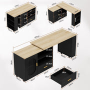 Isla de cocina IBF con asientos, mesa giratoria de 360 grados, isla de cocina con armario de almacenamiento, cajón y estantes, carrito de isla móvil con ruedas para comedor, bar en casa, color negro y roble, 184 cm
