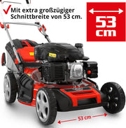 Cortacésped de gasolina 5 en 1 HECHT: potente motor Eco de 4 tiempos de 4,4 kW (6,0 CV), arranque por cuerda, 53 cm de ancho de corte, recogedor de 75 l, tracción a las ruedas, ruedas patentadas, EasyClean, función de mulching