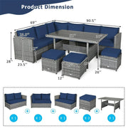 Conjunto de muebles de comedor para patio de 7 piezas de ratán con sofá seccional, mesa de comedor, otomanas y cojines