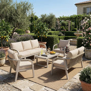 Conjunto de muebles de jardín para 7 personas, set de muebles de exterior para terraza y balcón con sofá de jardín y mesa de centro, grupo de asientos para salón de jardín con cojines, hierro galvanizado, beige