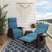 Chaise longue reclinable de patio con posición ajustable, mesa plegable y cojín para jardín, patio, terraza, exteriores – Cojín azul pavo real y mimbre marrón