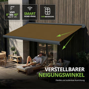 Toldo de cofre completo eléctrico Eclipse 5,6x3,5 m, estructura gris basalto, toldo para balcón, cubierta de terraza, brazos articulados, tejido de poliacrilo, protección UV 50+, motor Dooya compatible con hogar inteligente, tela del toldo: gris y blanco