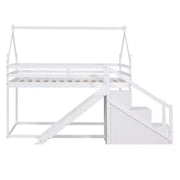 Literas tipo casita con tobogán y escaleras de almacenamiento, litera de madera individual sobre individual para niños con techo y escaleras para niñas y niños