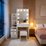 Tocador con espejo e iluminación, mesa de maquillaje, con 4 cajones, 4 estantes abiertos para dormitorio, conjunto de tocador con luces y taburete, 3 estantes ocultos