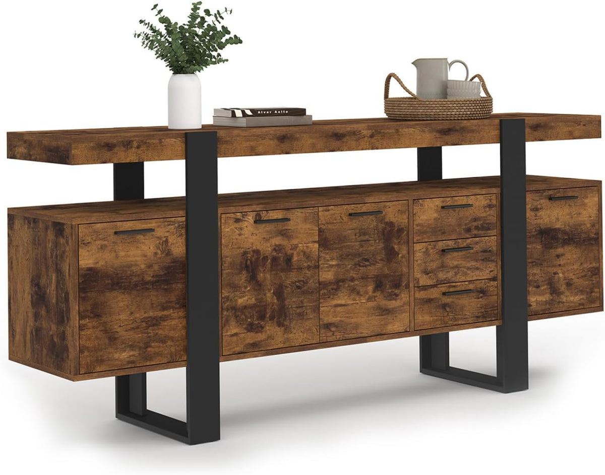 IDMarket - Aparador Phoenix XXL de 180 cm, 4 puertas y 3 cajones, madera efecto envejecido y negro