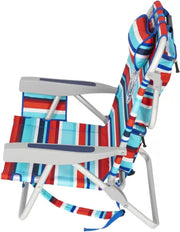 Silla de playa Tommy Bahama modelo 2025. A rayas rojas y azules.