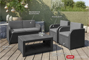 Conjunto de muebles de jardín de plástico Modena de Allibert by Keter, incl. cojines de asiento, gris, 4 piezas, 2 sillones, sofá y mesa, para jardín, balcón y terraza, aspecto de ratán plano