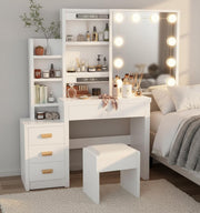 Tocador con espejo e iluminación, mesa de maquillaje, con 4 cajones, 4 estantes abiertos para dormitorio, conjunto de tocador con luces y taburete, 3 estantes ocultos