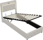 Cama tapizada de 90x200 cm con iluminación LED, USB y canapé hidráulico – Cama individual juvenil con almacenamiento, somier y cabecero, terciopelo beige, sin colchón (Beige-3, 90x200 cm)