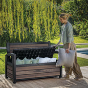 Banco de jardín 130x60x85 cm, banco de almacenamiento resistente a la intemperie, 227 L de espacio de almacenamiento, diseño de madera de palisandro, dos plazas
