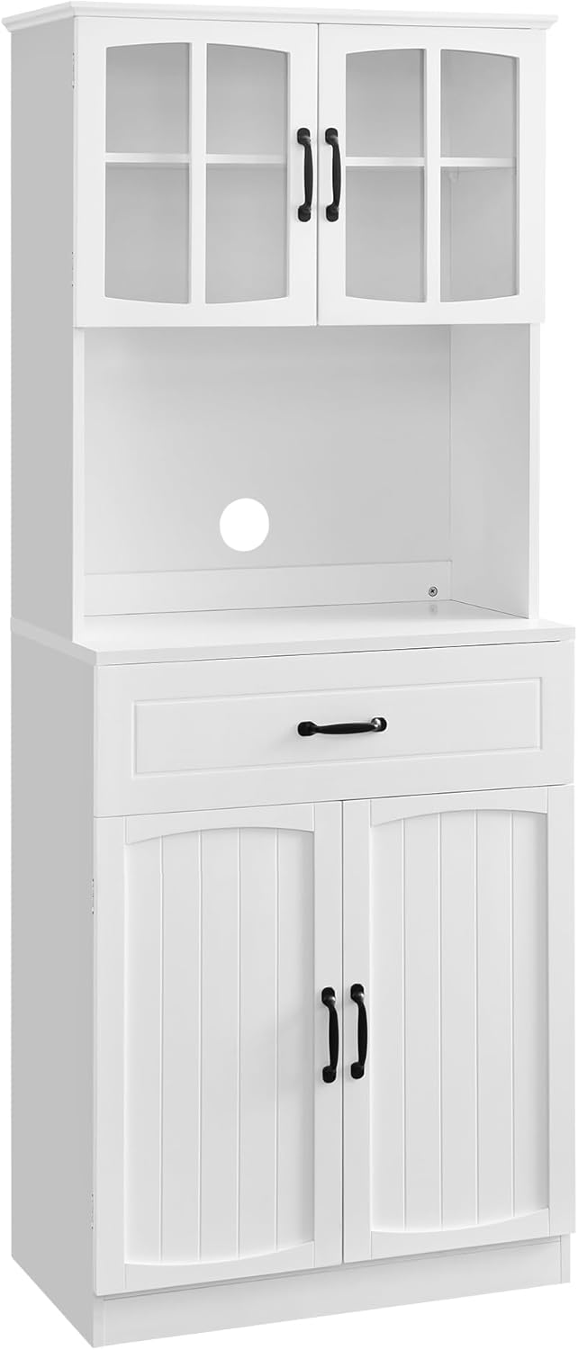 VASAGLE Armario de cocina, armario multiusos, armario de despensa, con estantes ajustables, apto para microondas, cajón, puertas de cristal, orificio para cables, estilo moderno, blanco LSC361W21
