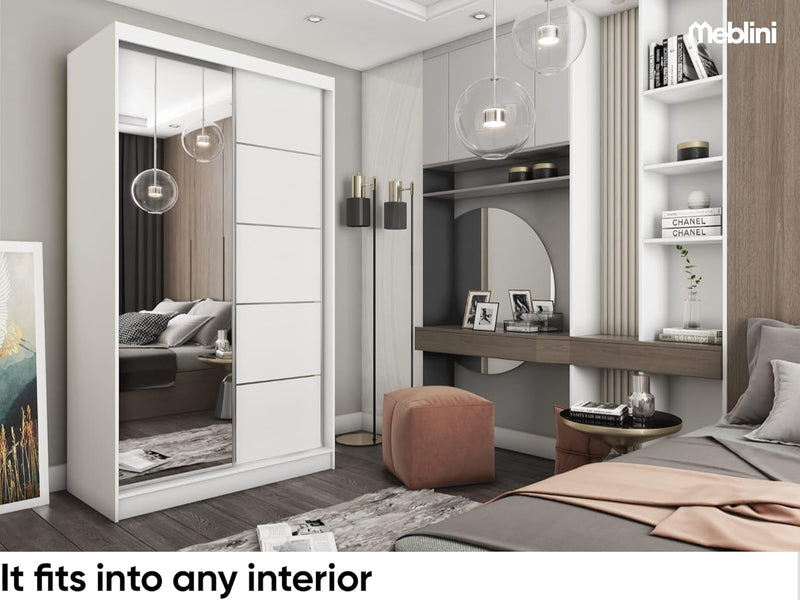 Armario MEBLINI con espejo, 2 puertas - Armario de puertas correderas con barra para ropa - Armario de dormitorio con estantes - Wardrobe Closet - MAKIRA - 120 cm - Blanco/Blanco + espejo
