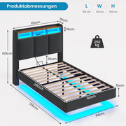 Cama tapizada Brinlawb 90x200 cm, cama flotante con iluminación LED y estación de carga (2 tomas de CA, 1 puerto USB-A, 1 puerto USB-C), cama juvenil 90x200 con cabecero acolchado, cama 90x200 con espacio de almacenamiento, gris