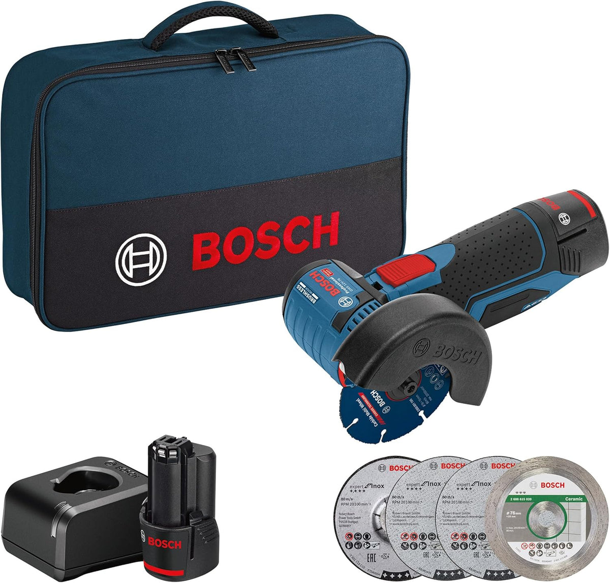Amoladora angular a batería Bosch Professional 12V System GWS 12V-76 (con 2 baterías de 2,0 Ah, set de 5 discos de corte/desbaste, maletín)