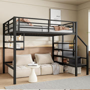 Cama alta, 140x200 cm, estantes, escalera con almacenamiento, espacio libre debajo de la cama para personalizar, barandilla, sin colchón, muebles negros, muebles de dormitorio, cama, estructura de cama y base WX00057