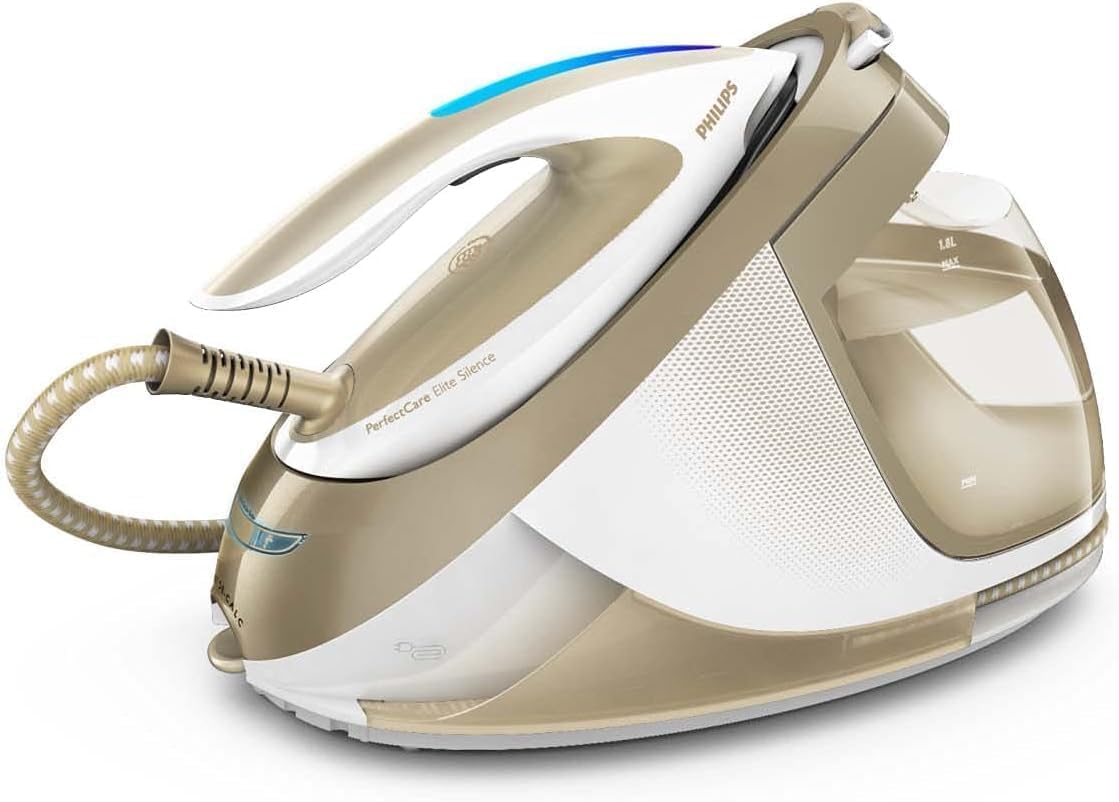 Centro de planchado Philips PerfectCare Elite - Potencia 2400W, golpe de vapor 490g, presión 7.2 bares, tecnología OptimalTEMP, modo ECO, suela T-IonicGlide, depósito 1.8L, blanco/dorado (GC9642/60)