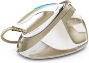Centro de planchado Philips PerfectCare Elite - Potencia 2400W, golpe de vapor 490g, presión 7.2 bares, tecnología OptimalTEMP, modo ECO, suela T-IonicGlide, depósito 1.8L, blanco/dorado (GC9642/60)