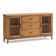 Aparador de roble, vidrio estriado, 3 cajones, 2 puertas de cristal, color natural, 150x40x80 cm