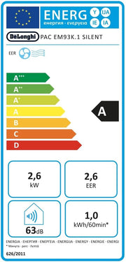 De'Longhi Pinguino PAC EL112 CST WiFi, aire acondicionado portátil con tecnología MyEcoRealFeel para habitaciones de hasta 110 m³, 11.000 BTU/h, 2,9 kW, 63 dB, función de deshumidificación, A+, control por aplicación y voz, blanco