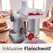 Procesador de alimentos Bosch Serie 4 MUM56340, bol de 3,9 L, batidora de 1,25 L, picadora de carne, exprimidor, sistema de mezclado planetario, gancho para amasar, varillas batidoras y mezcladoras, cortador-rallador, 3 discos, 900 W, plata/gris