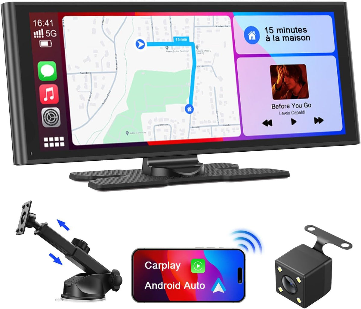Avylet 9,26'' Apple CarPlay para coche con cámara de visión trasera, pantalla táctil portátil, navegación GPS, control por voz Google/Siri, Android Auto, Bluetooth, AUX/FM, Mirror Link, OTA, inalámbrico