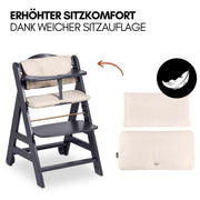 Hauck Beta+ Trona con set para recién nacidos y hamaca premium - Gris oscuro | Trona de madera evolutiva con ruedas desde el nacimiento hasta los 90 kg | incluye adaptador para recién nacidos, bandeja para comer y cojín de asiento