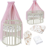Cuna ovalada evolutiva Waldin, set completo 7 en 1, cuna de barrotes, cama infantil con colchón, cambiador, cuna colecho, madera blanca