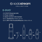 SodaStream máquina de agua con gas eléctrica E-DUO con cilindro de CO2 Quick-Connect | incl. 1 botella de vidrio de 1L y 2 botellas de plástico FUSE de 1L (aptas para lavavajillas) | Color: Titanio