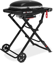 Barbacoa de gas Weber Traveler Compact con carro plegable y ruedas | Barbacoa portátil, parrillas de hierro fundido vitrificado, termómetro integrado en la tapa, quemador de 3,81 kW, 2065 cm² de superficie de cocción, negra