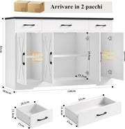 Aparador HOCSOK, armario de cocina de 140 cm de ancho con 2 estantes ajustables, aparador con 3 cajones y 4 puertas, buffet de cocina para salón, cocina, pasillo, blanco y negro