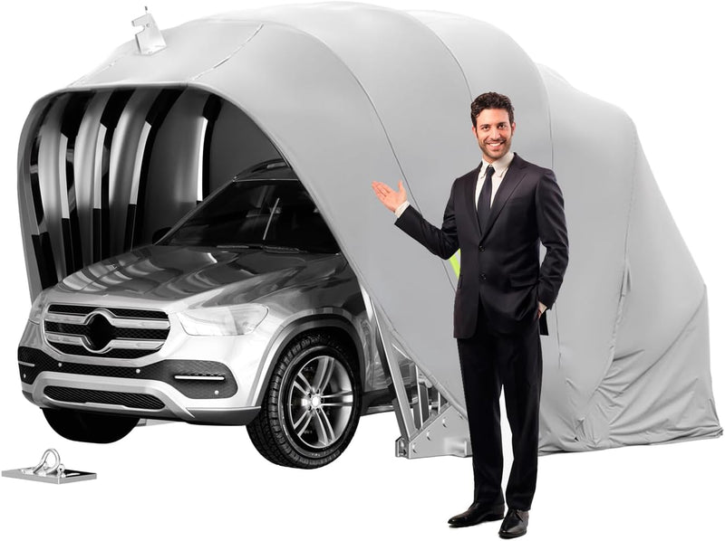 Toldo para coche resistente a todas las condiciones climáticas, garaje plegable semiautomático con cerradura de combinación, cochera plegable para exteriores, tela Oxford 600D, gris, L: 5,5/5,9 m