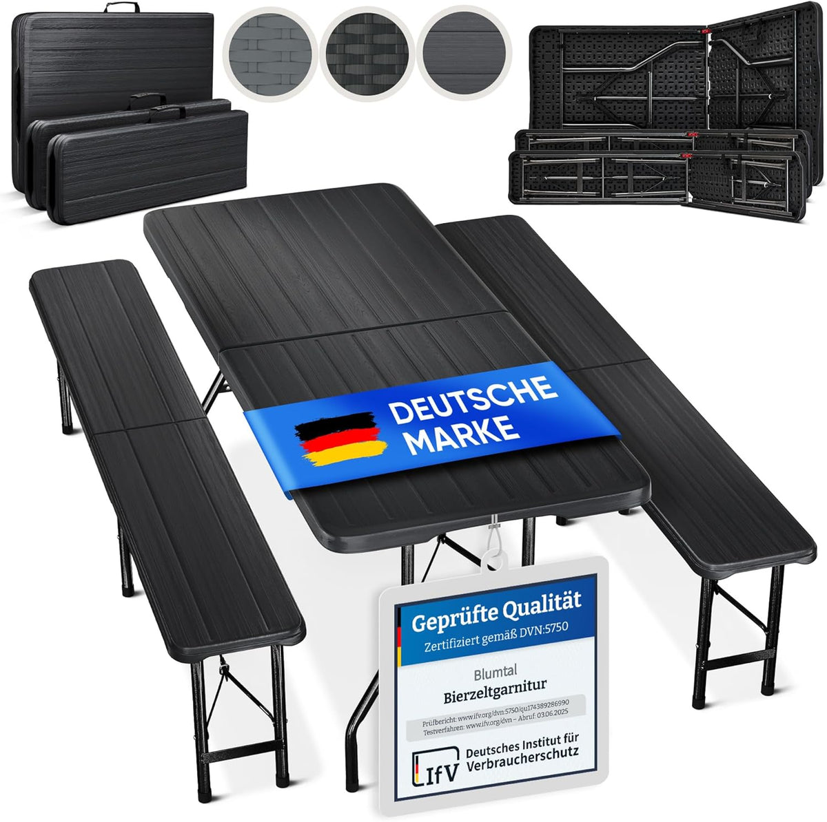 Set de 3 piezas Blumtal para jardín - 2 bancos de cerveza + 1 mesa de cerveza - Conjunto plegable y resistente para 8 personas - Juego de bancos con asa de transporte - Mobiliario de jardín con aspecto de madera en color antracita