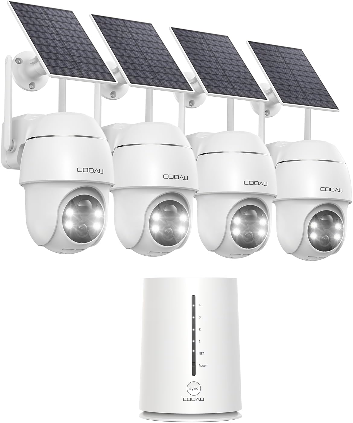 Cámara de vigilancia WiFi exterior inalámbrica COOAU 4MP - 365 días con panel solar - Base + 4 cámaras - 2.5K | 64 GB de almacenamiento local | Panorámica 360° | Cero cuotas mensuales | Compatible con Alexa