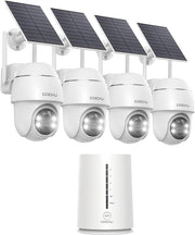 Cámara de vigilancia WiFi exterior inalámbrica COOAU 4MP - 365 días con panel solar - Base + 4 cámaras - 2.5K | 64 GB de almacenamiento local | Panorámica 360° | Cero cuotas mensuales | Compatible con Alexa