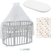 Cuna ovalada evolutiva Waldin, set completo 7 en 1, cuna de barrotes, cama infantil con colchón, cambiador, cuna colecho, madera blanca