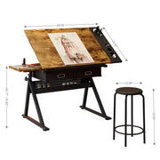 Mesa de dibujo de altura ajustable con taburete, escritorio inclinable de 0-75° con 2 cajones de almacenamiento, estación de trabajo para artistas para pintar, manualidades, escribir y dibujar