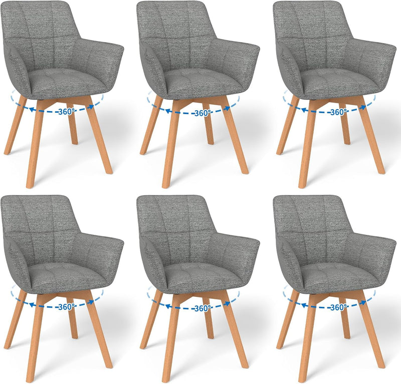 WAFTING Juego de 6 sillas de comedor giratorias, silla giratoria de 360° con reposabrazos y patas de madera, silla tapizada de terciopelo para comedor, sala de estar, cocina, dormitorio, gris oscuro