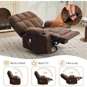 Sillón reclinable extragrande para adultos, sofá mecedor giratorio manual, bolsillos laterales y portavasos para personas altas y grandes, sala de estar