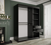 Armario de puertas correderas KRYSPOL Marmur T de 150 cm con barra para ropa y estante, armario para dormitorio o salón, diseño moderno (negro mate + mármol negro, cajones: 0)