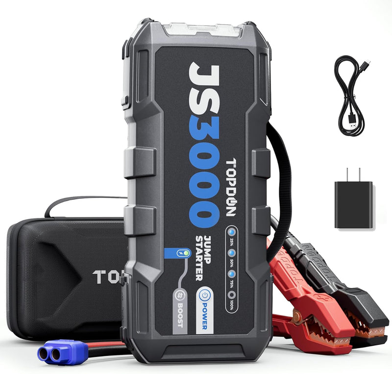 TOPDON Arrancador de batería, JS3000 Arrancador de coche 3000A/24000mAh para motores diésel de hasta 9 L y de gasolina de 7 L, carga rápida USB, linterna LED integrada
