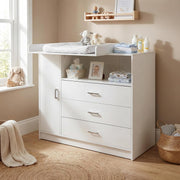 ecomi Cómoda cambiador, mesa cambiador para bebé de madera con accesorio, 3 cajones, 1 puerta, 100 cm de altura en blanco, mesa cambiador 113x100 cm, tiradores cromados