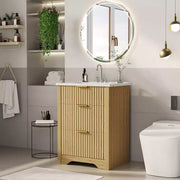 Conjunto de tocador de baño moderno estriado con lavabo de cerámica integrado, mueble de baño independiente con 3 cajones para baño contemporáneo