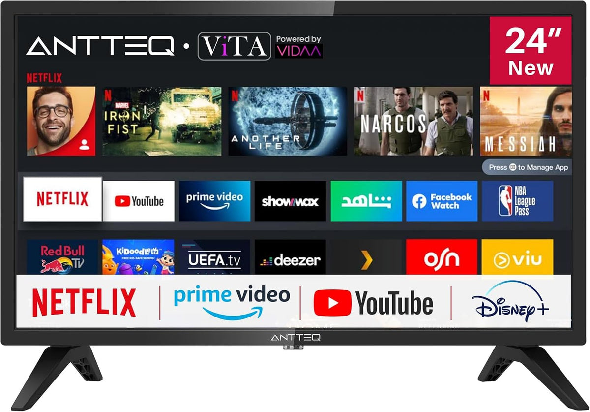 Smart TV Antteq AV24H3 de 24 pulgadas (60 cm) con Netflix, Prime Video, Rakuten TV, Disney+, YouTube, UVM, WiFi, sintonizador triple DVB-T2 / S2 / C