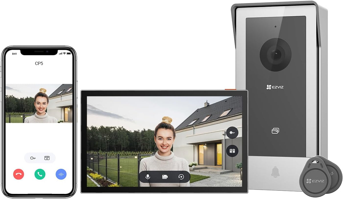 Videoportero conectado EZVIZ CP5 WiFi, resolución 1080P, monitor táctil a color de 7", portero automático con instalación de 2 hilos, apertura remota, audio bidireccional, visión nocturna, diseño compacto