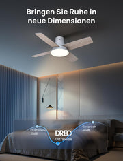 El ventilador de techo con luz DREO ofrece doce velocidades, tres modos y un motor de corriente continua silencioso. Montaje sencillo, LED regulable, mando a distancia y temporizador de 12 horas en color blanco.