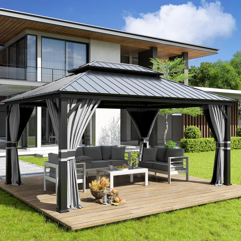 Amopatio 3,65 x 4,85 m Cenador de jardín impermeable, estable y resistente al invierno, cenador de techo rígido, cenador de aluminio con doble techo de acero galvanizado con mosquitera y cortinas para jardín, terraza, césped, gris