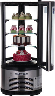 Vitrina refrigerada METRO Professional GRV1100, para hostelería, acero inoxidable/vidrio, 100 L, refrigeración por aire forzado, 490 W, indicador de temperatura,  descongelación automática, redonda, plateada, clase climática 6